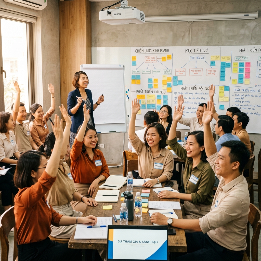 Workshop sôi nổi — học viên tương tác, giơ tay phát biểu trong buổi đào tạo thực chiến