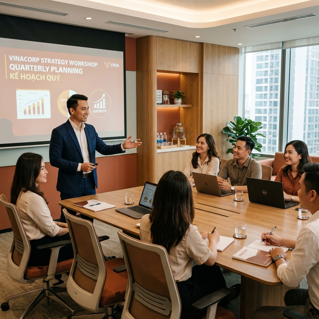 Phiên đào tạo doanh nghiệp tại phòng họp chuyên nghiệp với đội ngũ lãnh đạo